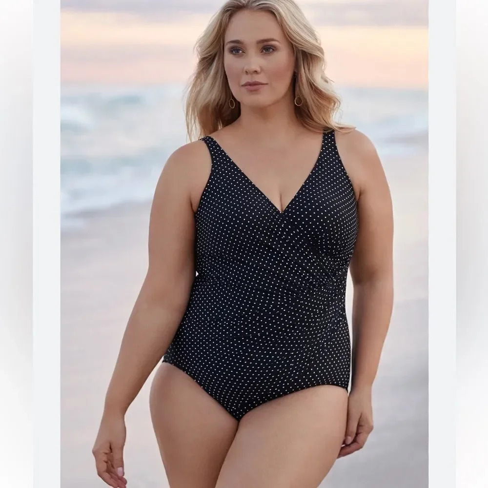 Miraclesuit Pin Point Oceanus V-neck Slimming One Piece Swimsuit